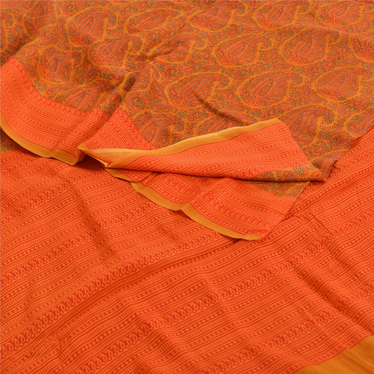 Sanskriti Vintage Sarees Orange Pure Crepe Silk Printed Sari Floral Craft Sustainable Fabric