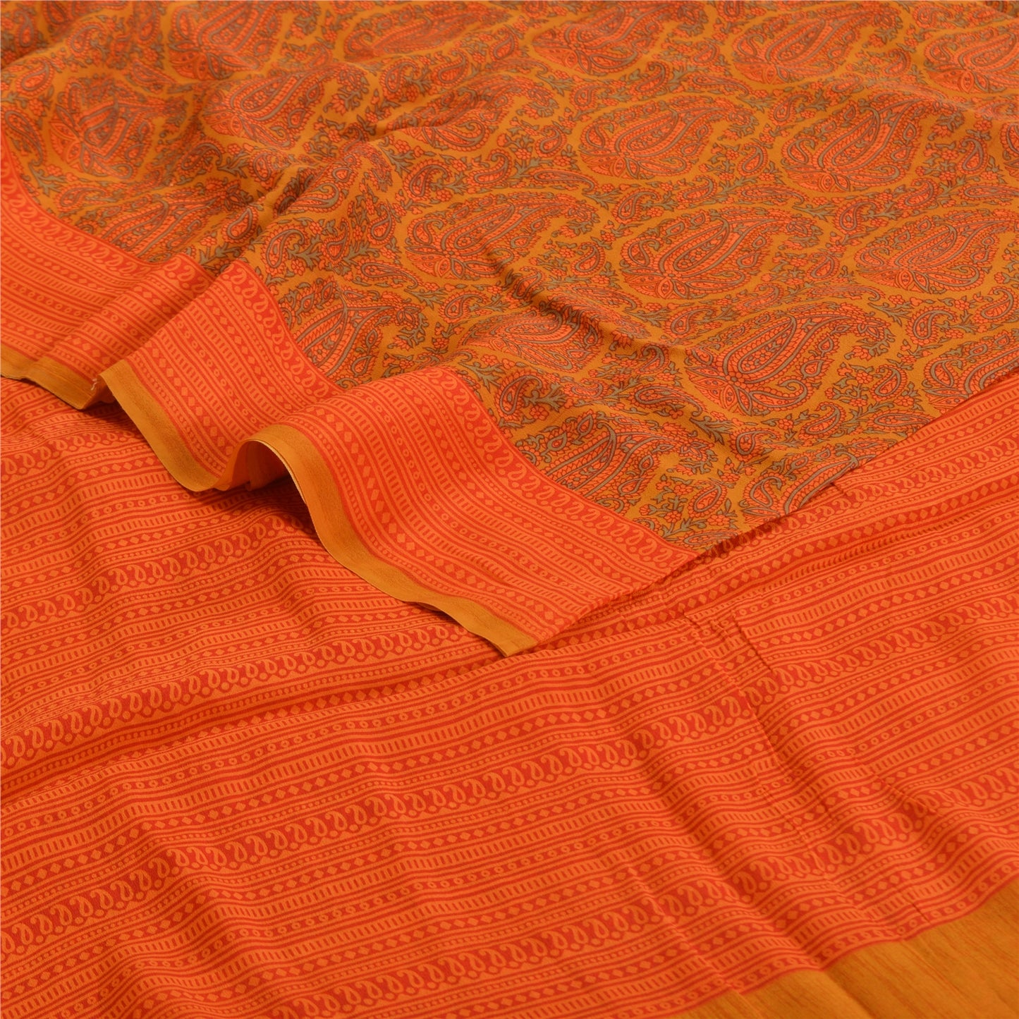 Sanskriti Vintage Sarees Orange Pure Crepe Silk Printed Sari Floral Craft Sustainable Fabric