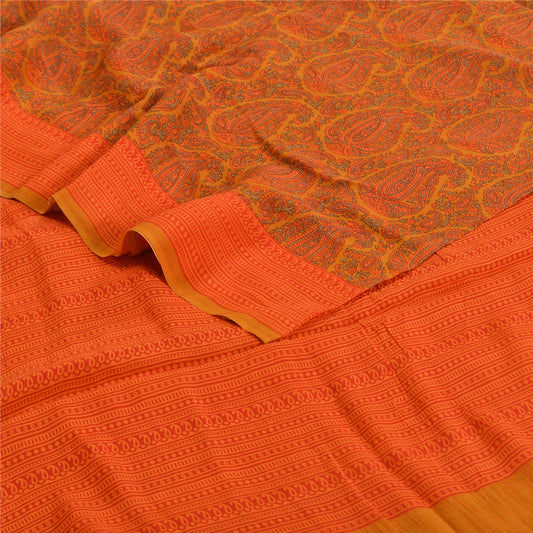 Sanskriti Vintage Sarees Orange Pure Crepe Silk Printed Sari Floral Craft Sustainable Fabric