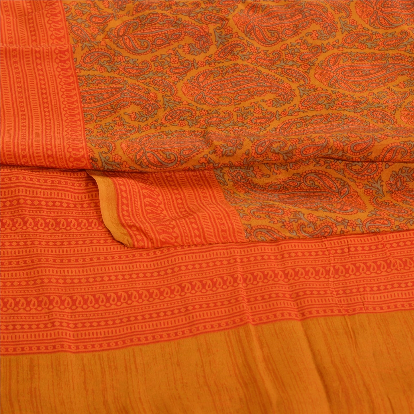 Sanskriti Vintage Sarees Orange Pure Crepe Silk Printed Sari Floral Craft Sustainable Fabric