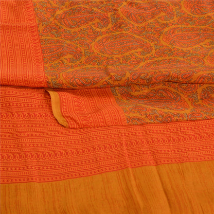 Sanskriti Vintage Sarees Orange Pure Crepe Silk Printed Sari Floral Craft Sustainable Fabric
