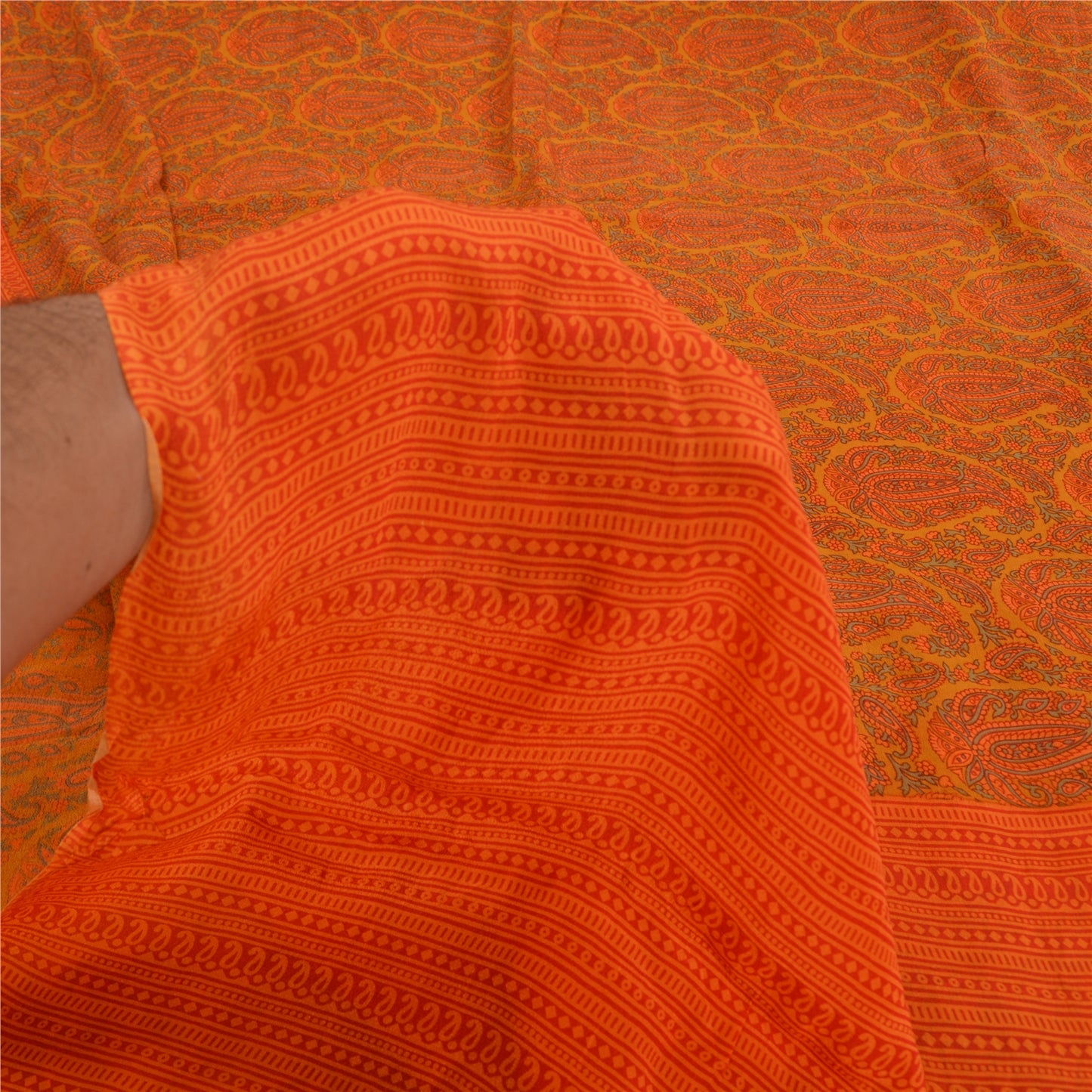 Sanskriti Vintage Sarees Orange Pure Crepe Silk Printed Sari Floral Craft Sustainable Fabric