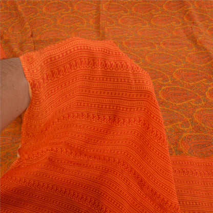 Sanskriti Vintage Sarees Orange Pure Crepe Silk Printed Sari Floral Craft Sustainable Fabric