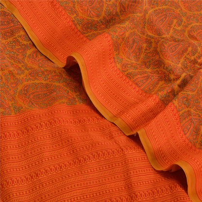 Sanskriti Vintage Sarees Orange Pure Crepe Silk Printed Sari Floral Craft Sustainable Fabric