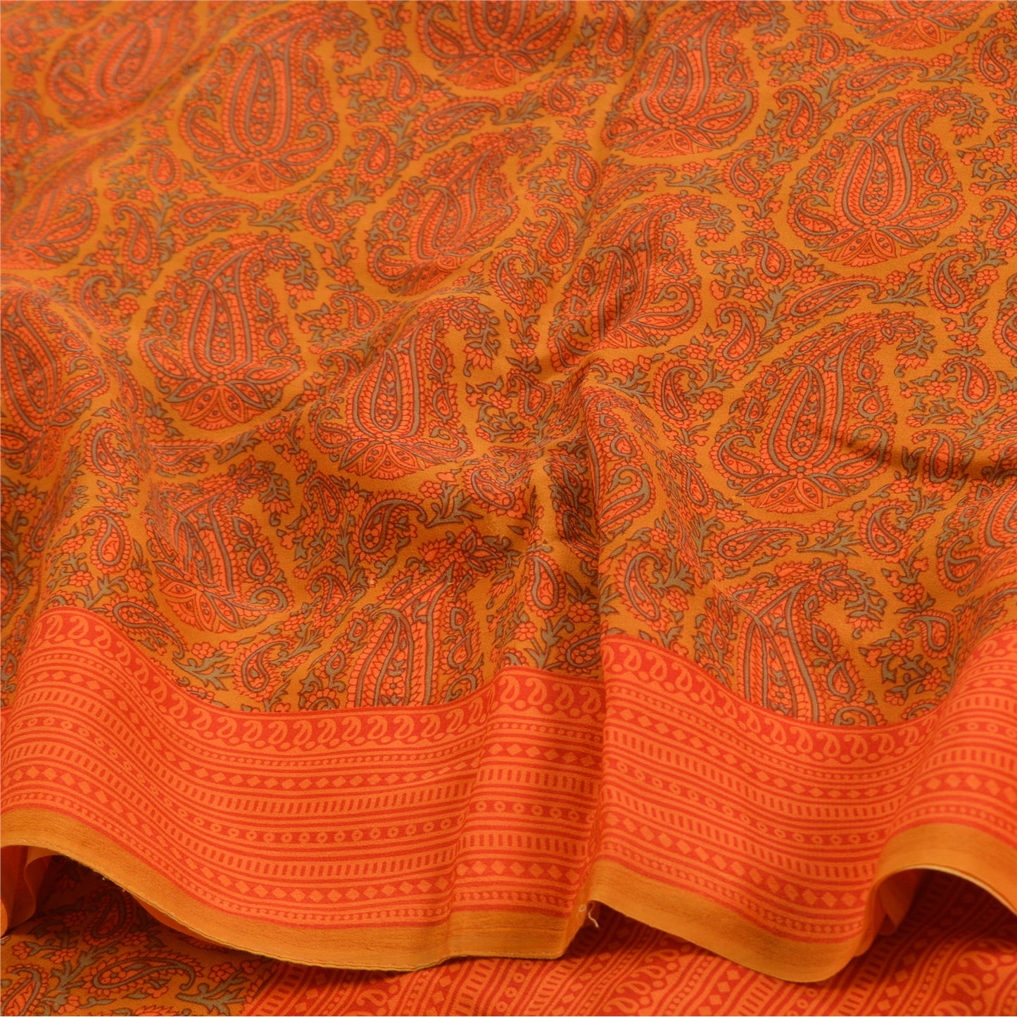 Sanskriti Vintage Sarees Orange Pure Crepe Silk Printed Sari Floral Craft Sustainable Fabric