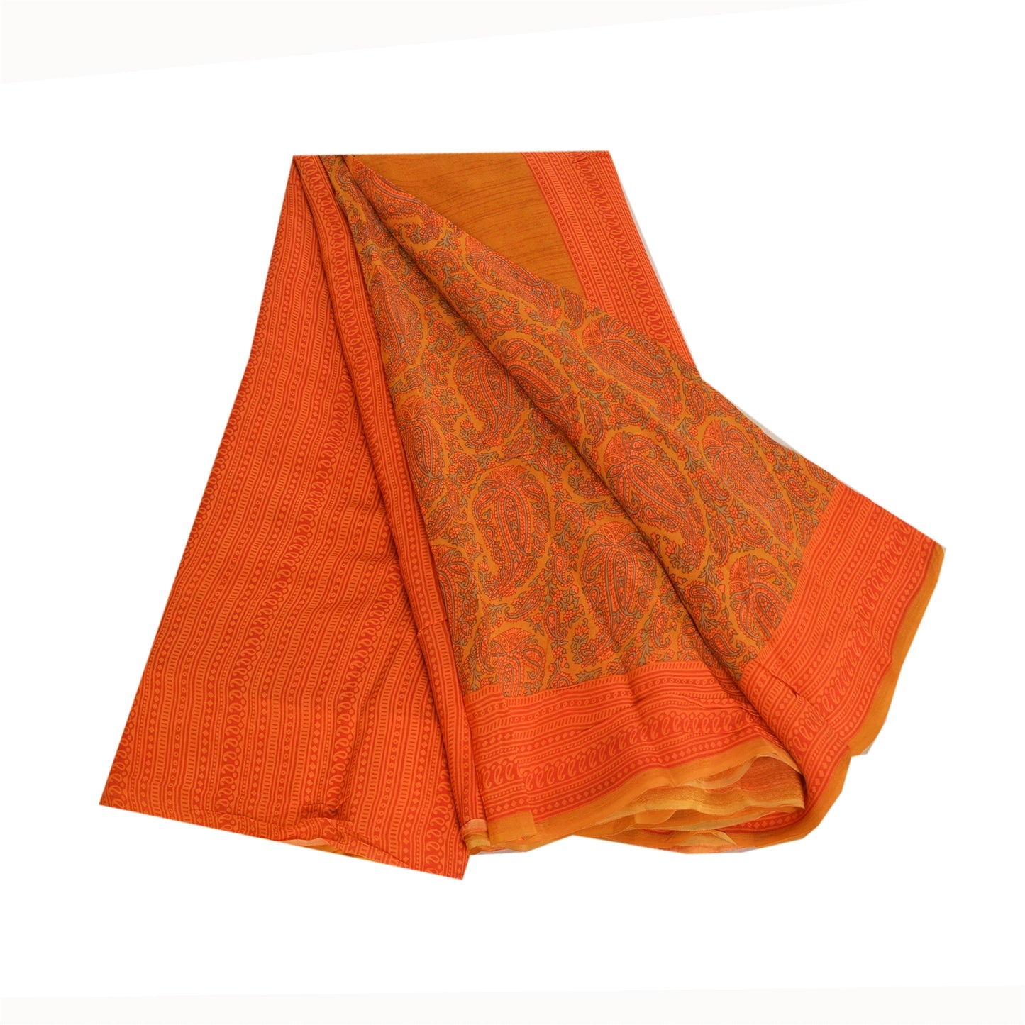 Sanskriti Vintage Sarees Orange Pure Crepe Silk Printed Sari Floral Craft Sustainable Fabric