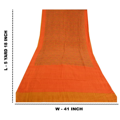 Sanskriti Vintage Sarees Orange Pure Crepe Silk Printed Sari Floral Craft Sustainable Fabric