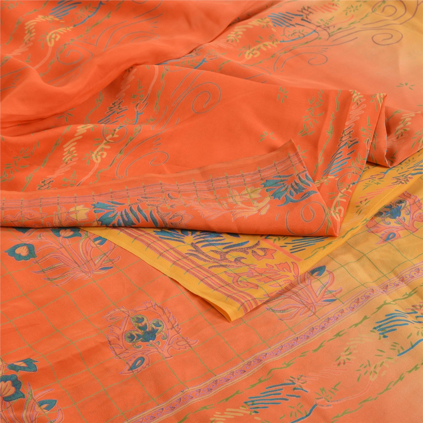 Sanskriti Vintage Sarees Yellow Pure Crepe Silk Printed Sari Floral Craft Sustainable Fabric