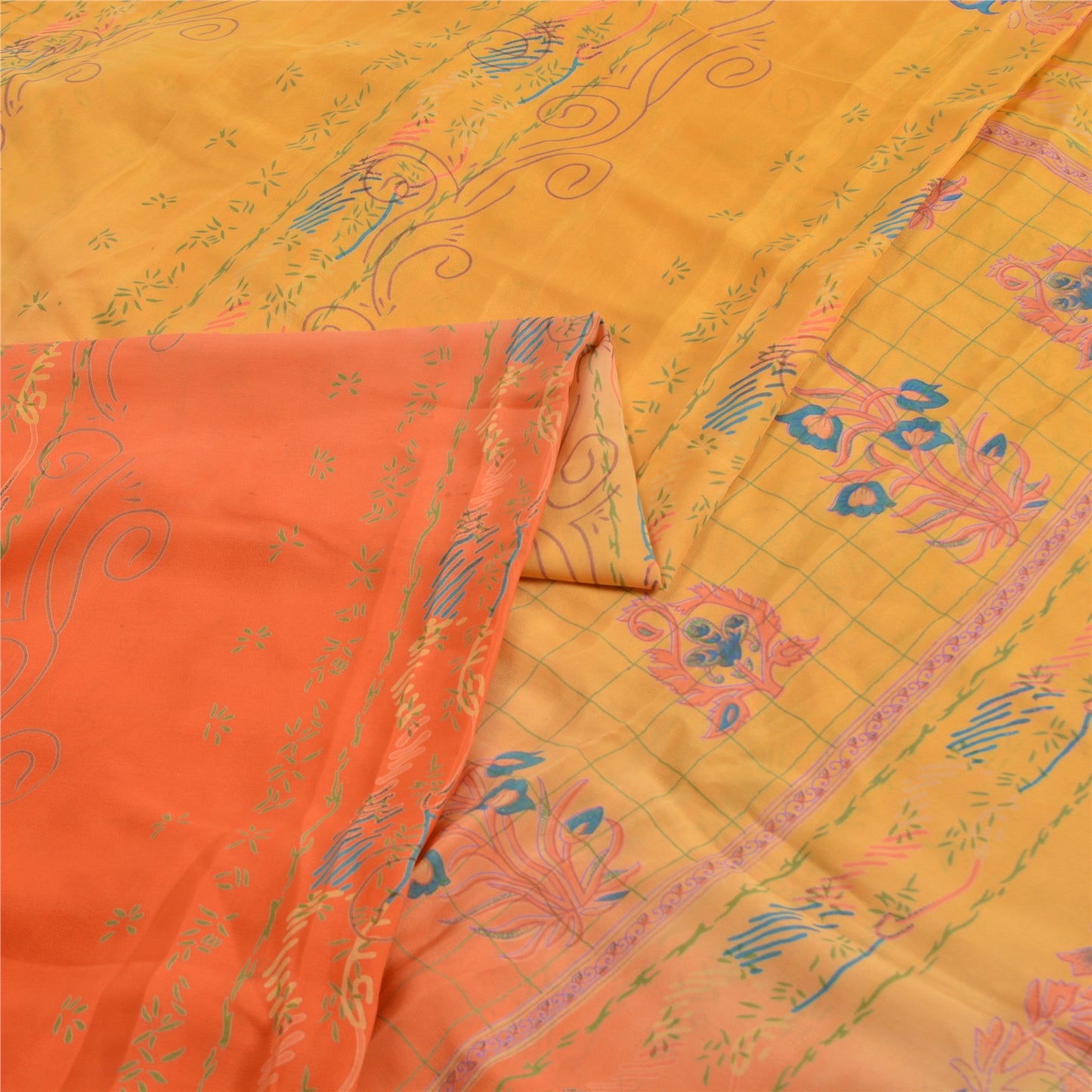 Sanskriti Vintage Sarees Yellow Pure Crepe Silk Printed Sari Floral Craft Sustainable Fabric