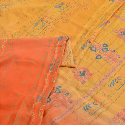 Sanskriti Vintage Sarees Yellow Pure Crepe Silk Printed Sari Floral Craft Sustainable Fabric