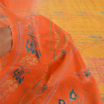 Sanskriti Vintage Sarees Yellow Pure Crepe Silk Printed Sari Floral Craft Sustainable Fabric