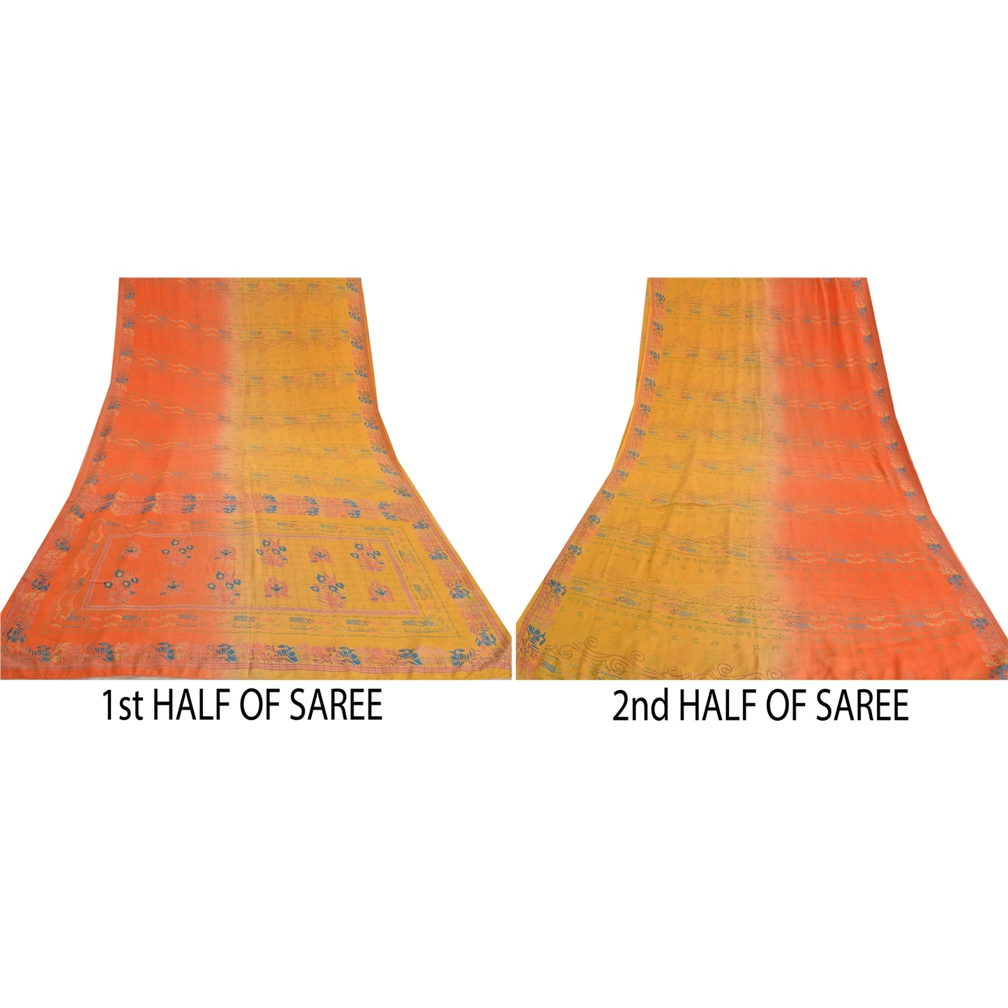 Sanskriti Vintage Sarees Yellow Pure Crepe Silk Printed Sari Floral Craft Sustainable Fabric