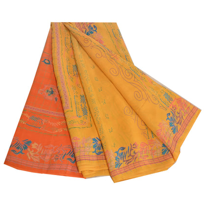 Sanskriti Vintage Sarees Yellow Pure Crepe Silk Printed Sari Floral Craft Sustainable Fabric