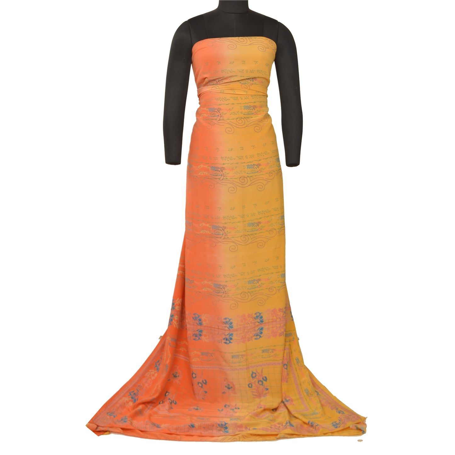 Sanskriti Vintage Sarees Yellow Pure Crepe Silk Printed Sari Floral Craft Sustainable Fabric