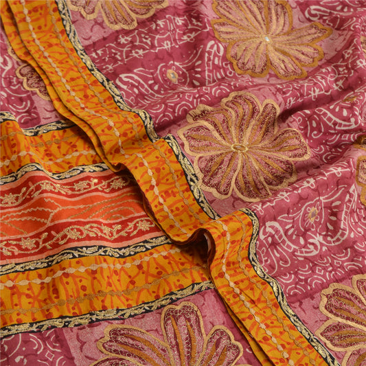 Sanskriti Vintage Sarees Dusty Pink Embroidery Pure Crepe Silk Print Sari Sustainable Fabric