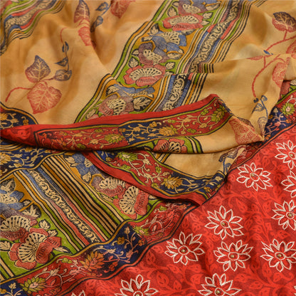 Sanskriti Vintage Sarees Rød &amp; Beige Håndperlede Sari Ren Crepe Silke Print Bæredygtigt Stof