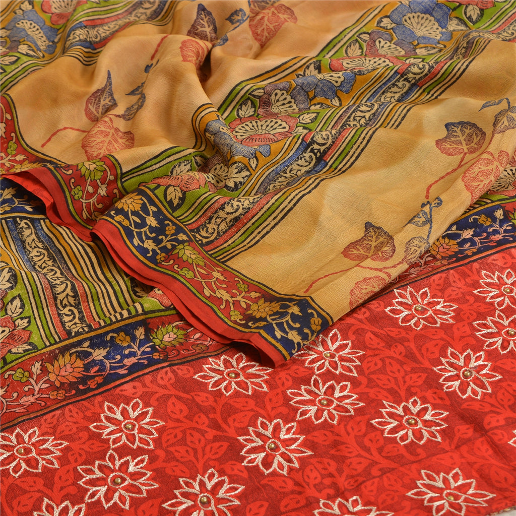 Sanskriti Vintage Sarees Rød &amp; Beige Håndperlede Sari Ren Crepe Silke Print Bæredygtigt Stof