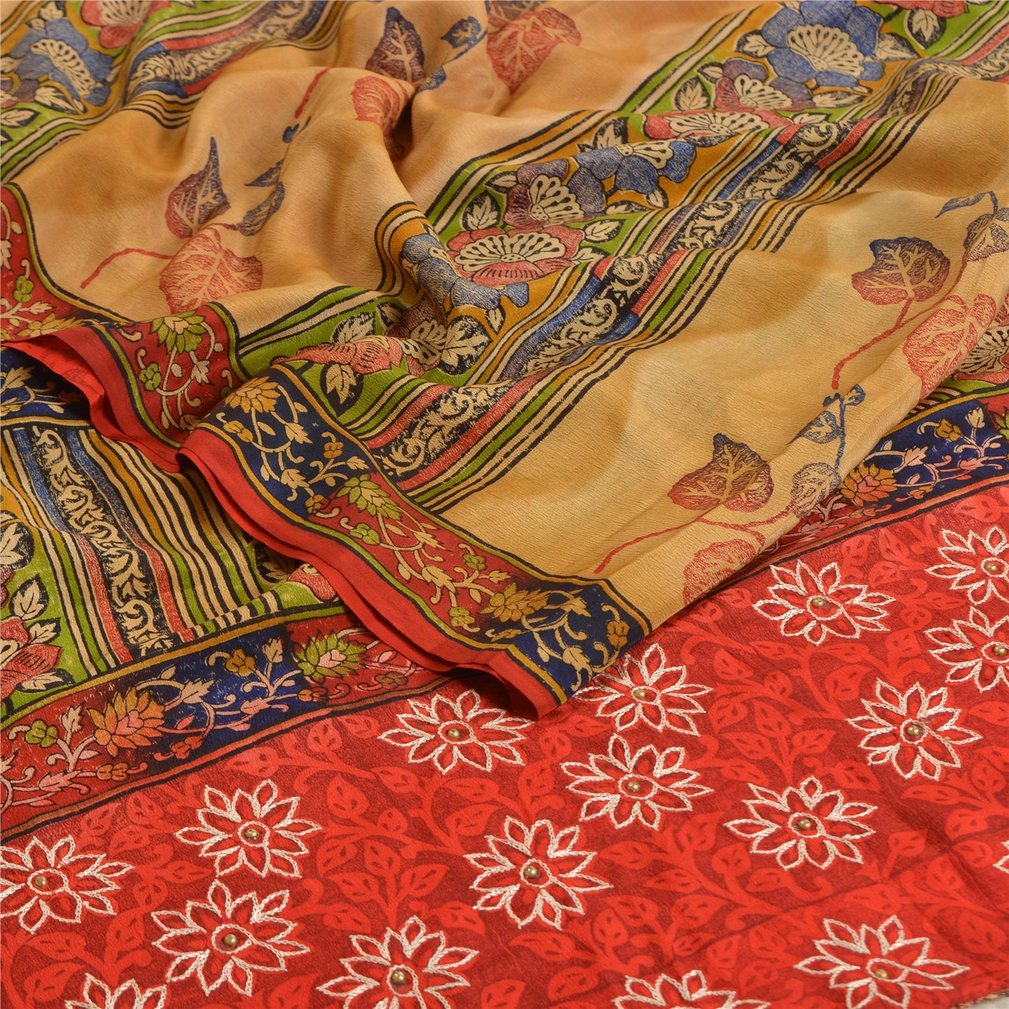 Sanskriti Vintage Sarees Rød &amp; Beige Håndperlede Sari Ren Crepe Silke Print Bæredygtigt Stof