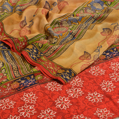 Sanskriti Vintage Sarees Rød &amp; Beige Håndperlede Sari Ren Crepe Silke Print Bæredygtigt Stof