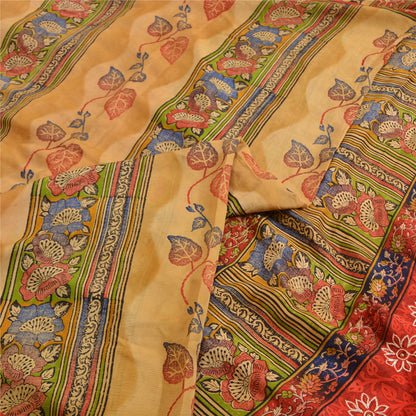 Sanskriti Vintage Sarees Rød &amp; Beige Håndperlede Sari Ren Crepe Silke Print Bæredygtigt Stof