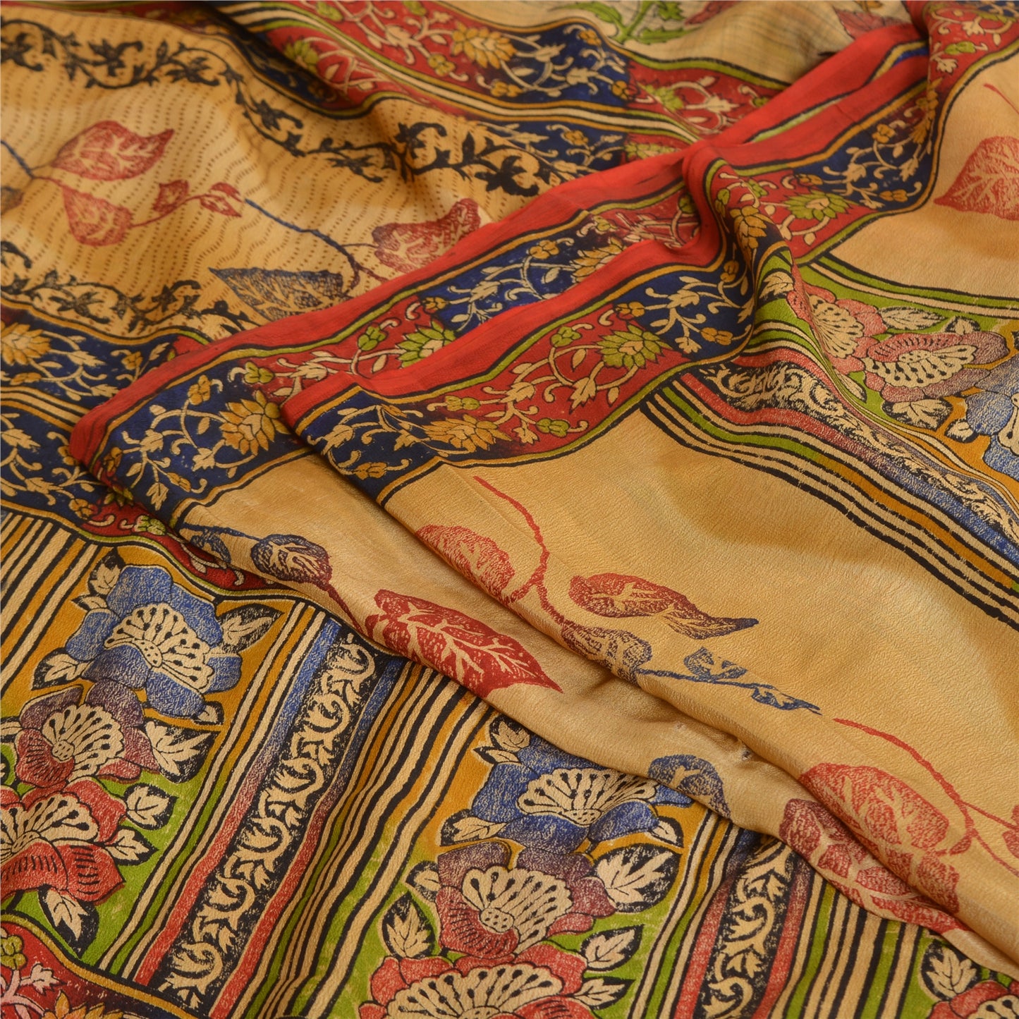 Sanskriti Vintage Sarees Rød &amp; Beige Håndperlede Sari Ren Crepe Silke Print Bæredygtigt Stof