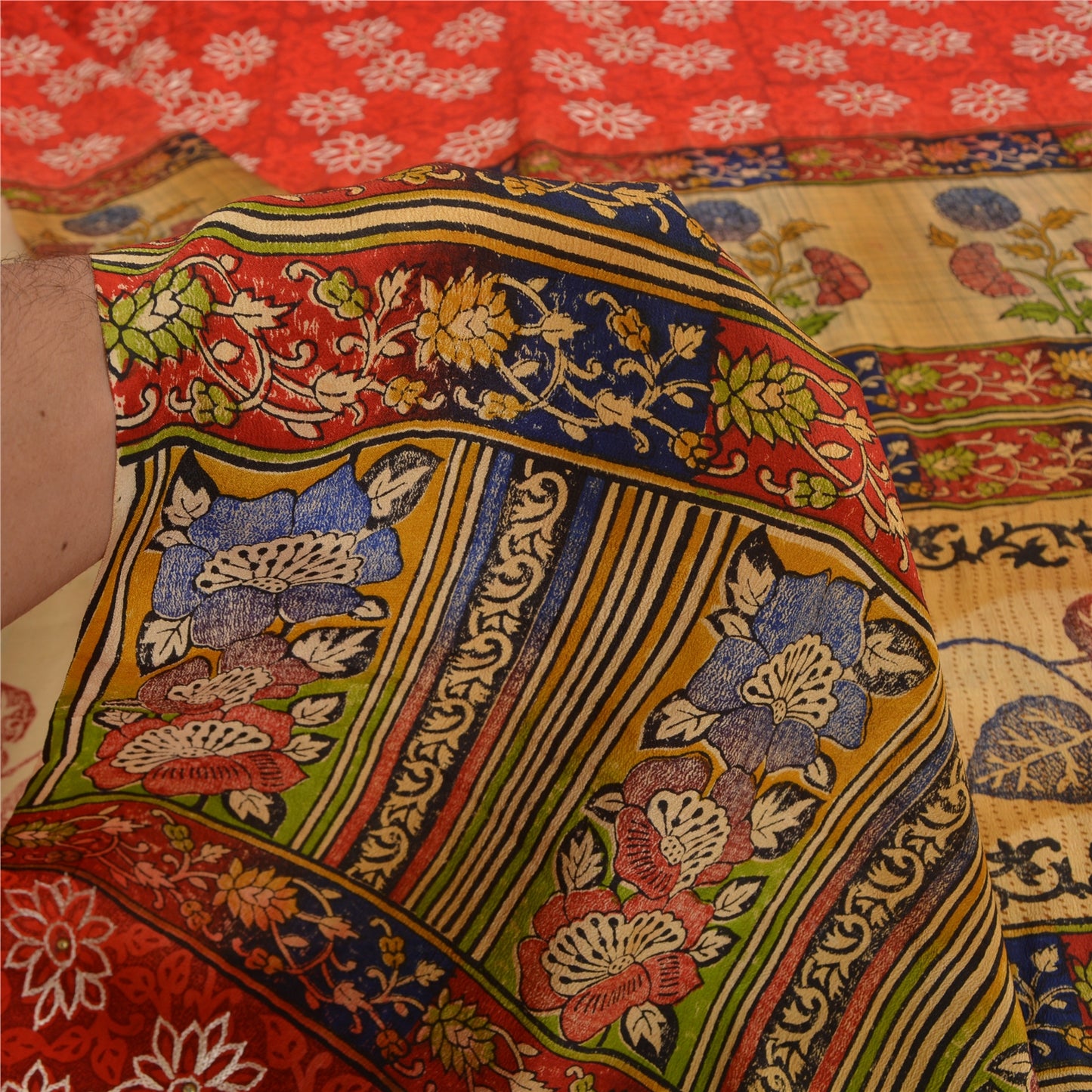 Sanskriti Vintage Sarees Rød &amp; Beige Håndperlede Sari Ren Crepe Silke Print Bæredygtigt Stof