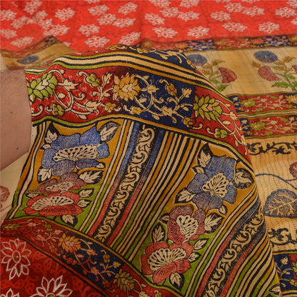 Sanskriti Vintage Sarees Rød &amp; Beige Håndperlede Sari Ren Crepe Silke Print Bæredygtigt Stof