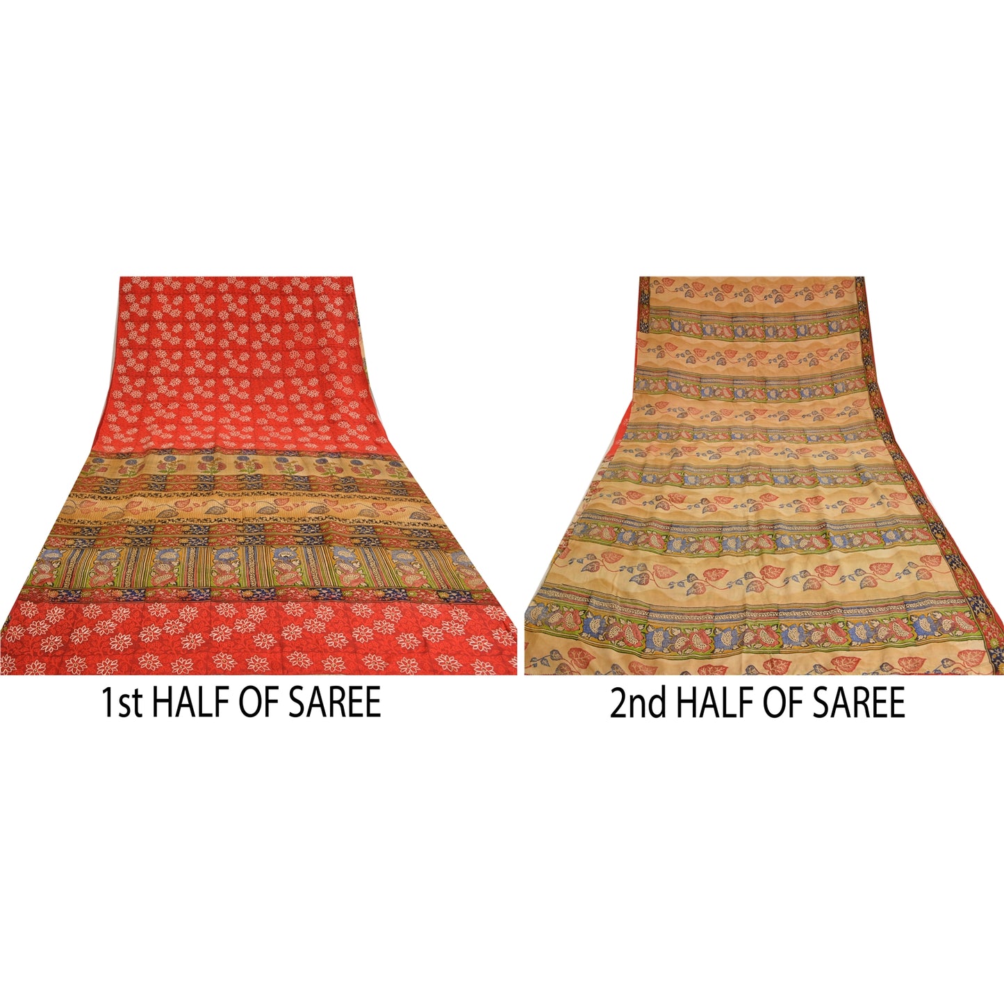 Sanskriti Vintage Sarees Rød &amp; Beige Håndperlede Sari Ren Crepe Silke Print Bæredygtigt Stof