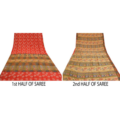 Sanskriti Vintage Sarees Rød &amp; Beige Håndperlede Sari Ren Crepe Silke Print Bæredygtigt Stof