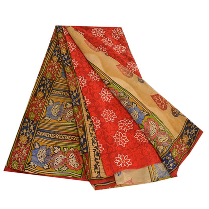 Sanskriti Vintage Sarees Rød &amp; Beige Håndperlede Sari Ren Crepe Silke Print Bæredygtigt Stof