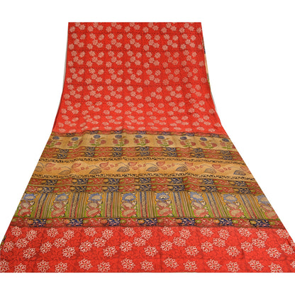 Sanskriti Vintage Sarees Rød &amp; Beige Håndperlede Sari Ren Crepe Silke Print Bæredygtigt Stof