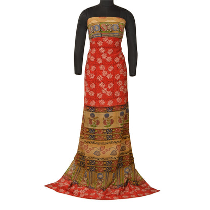 Sanskriti Vintage Sarees Rød &amp; Beige Håndperlede Sari Ren Crepe Silke Print Bæredygtigt Stof