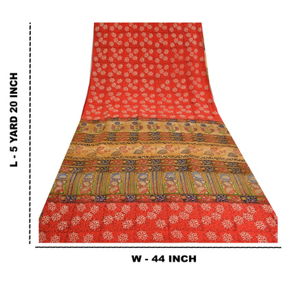 Sanskriti Vintage Sarees Rød &amp; Beige Håndperlede Sari Ren Crepe Silke Print Bæredygtigt Stof