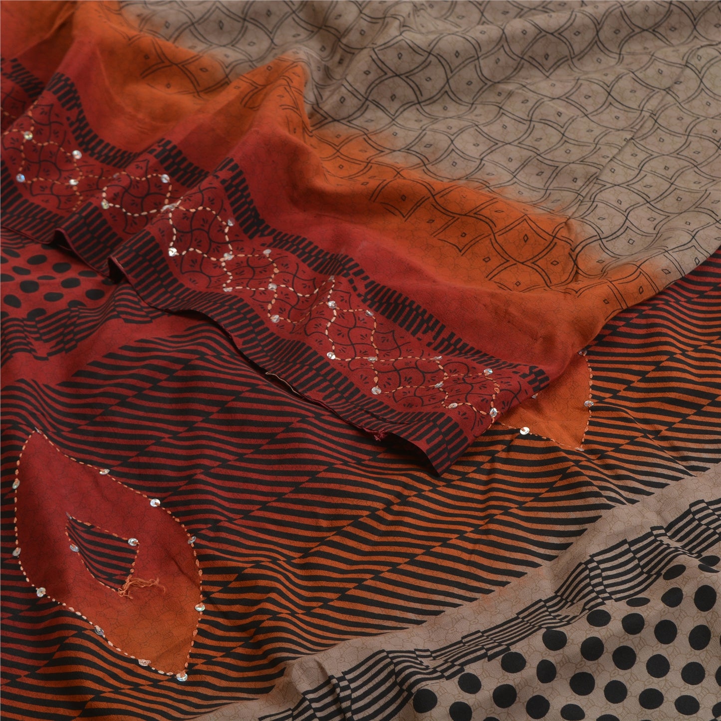 Sanskriti Vintage Sarees Hand Beaded Kantha Pure Crepe Silk Printed Sari Sustainable Fabric