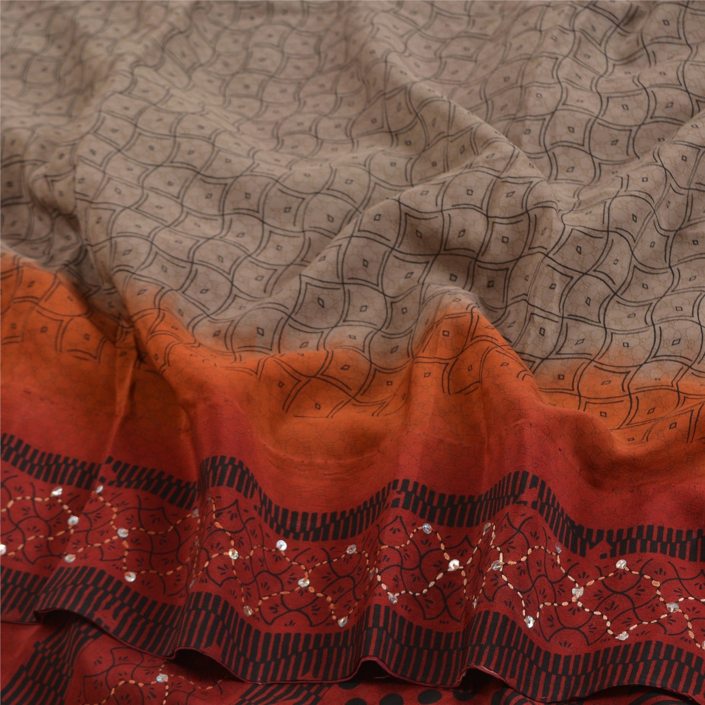 Sanskriti Vintage Sarees Hand Beaded Kantha Pure Crepe Silk Printed Sari Sustainable Fabric