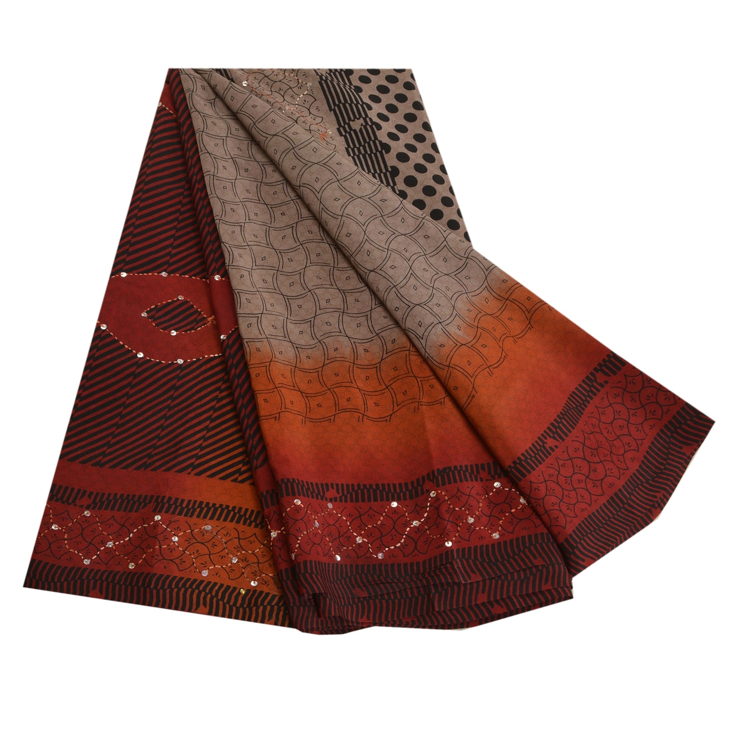 Sanskriti Vintage Sarees Hand Beaded Kantha Pure Crepe Silk Printed Sari Sustainable Fabric
