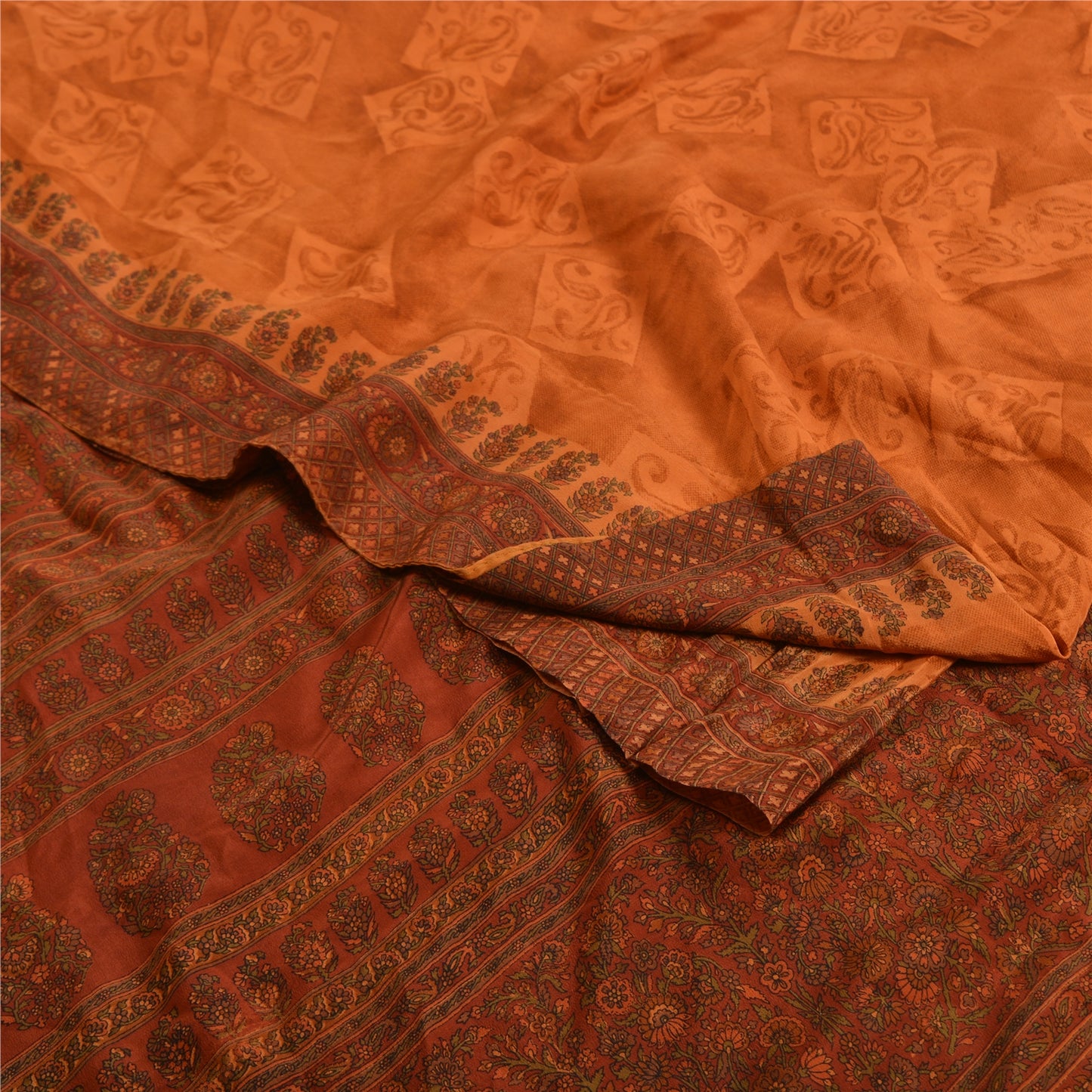 Sanskriti Vintage Sarees Saffron/Orange Pure Crepe Silk Print Sari Craft Sustainable Fabric