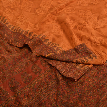 Sanskriti Vintage Sarees Saffron/Orange Pure Crepe Silk Print Sari Craft Sustainable Fabric