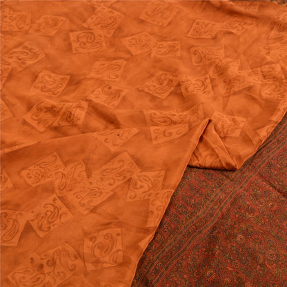 Sanskriti Vintage Sarees Saffron/Orange Pure Crepe Silk Print Sari Craft Sustainable Fabric