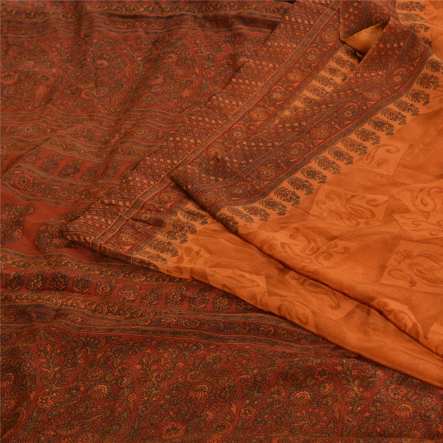 Sanskriti Vintage Sarees Saffron/Orange Pure Crepe Silk Print Sari Craft Sustainable Fabric