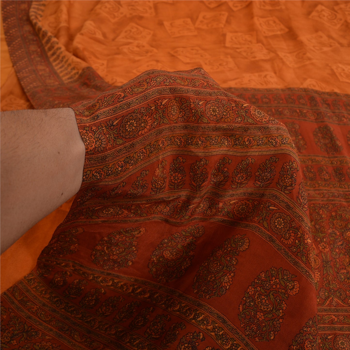 Sanskriti Vintage Sarees Saffron/Orange Pure Crepe Silk Print Sari Craft Sustainable Fabric