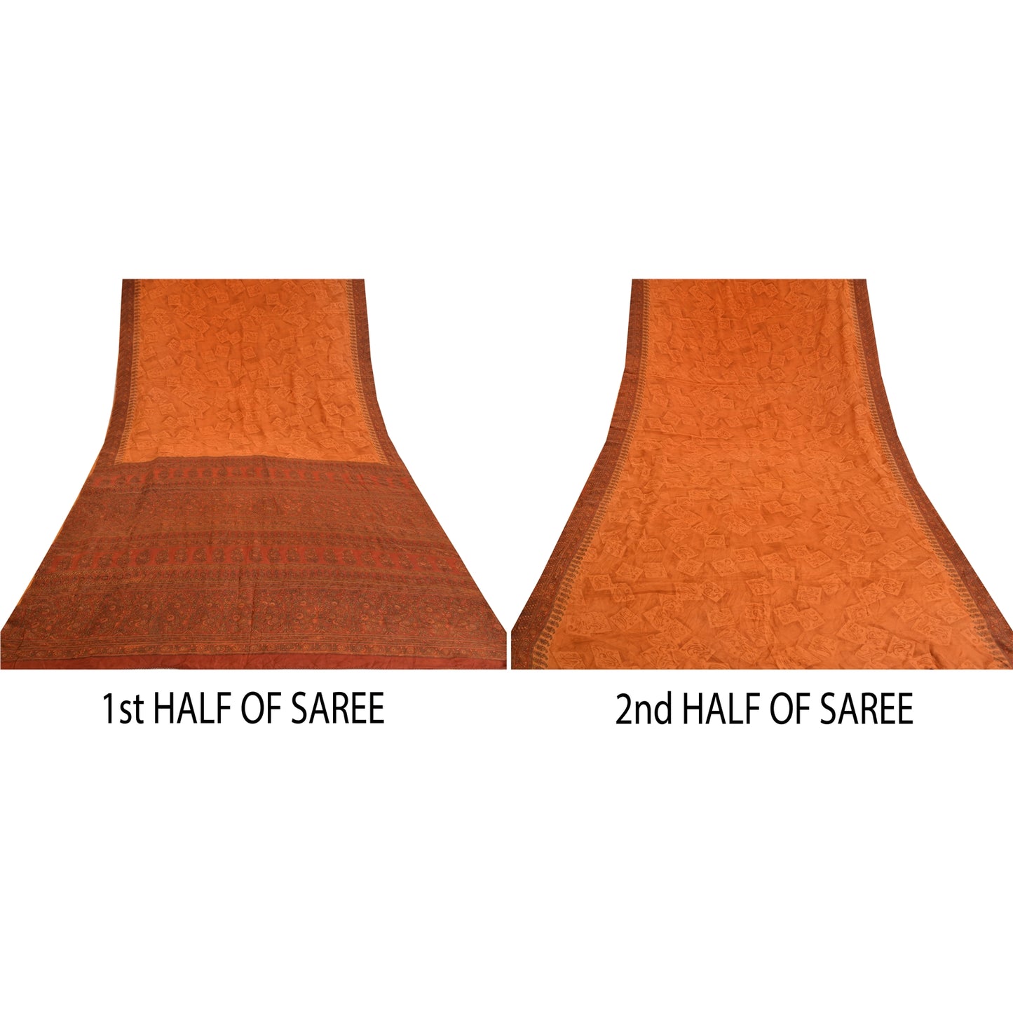 Sanskriti Vintage Sarees Saffron/Orange Pure Crepe Silk Print Sari Craft Sustainable Fabric