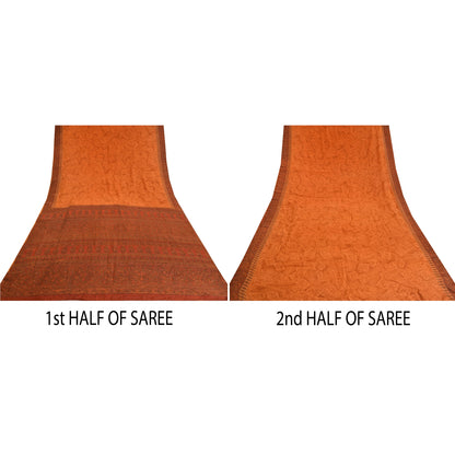 Sanskriti Vintage Sarees Saffron/Orange Pure Crepe Silk Print Sari Craft Sustainable Fabric