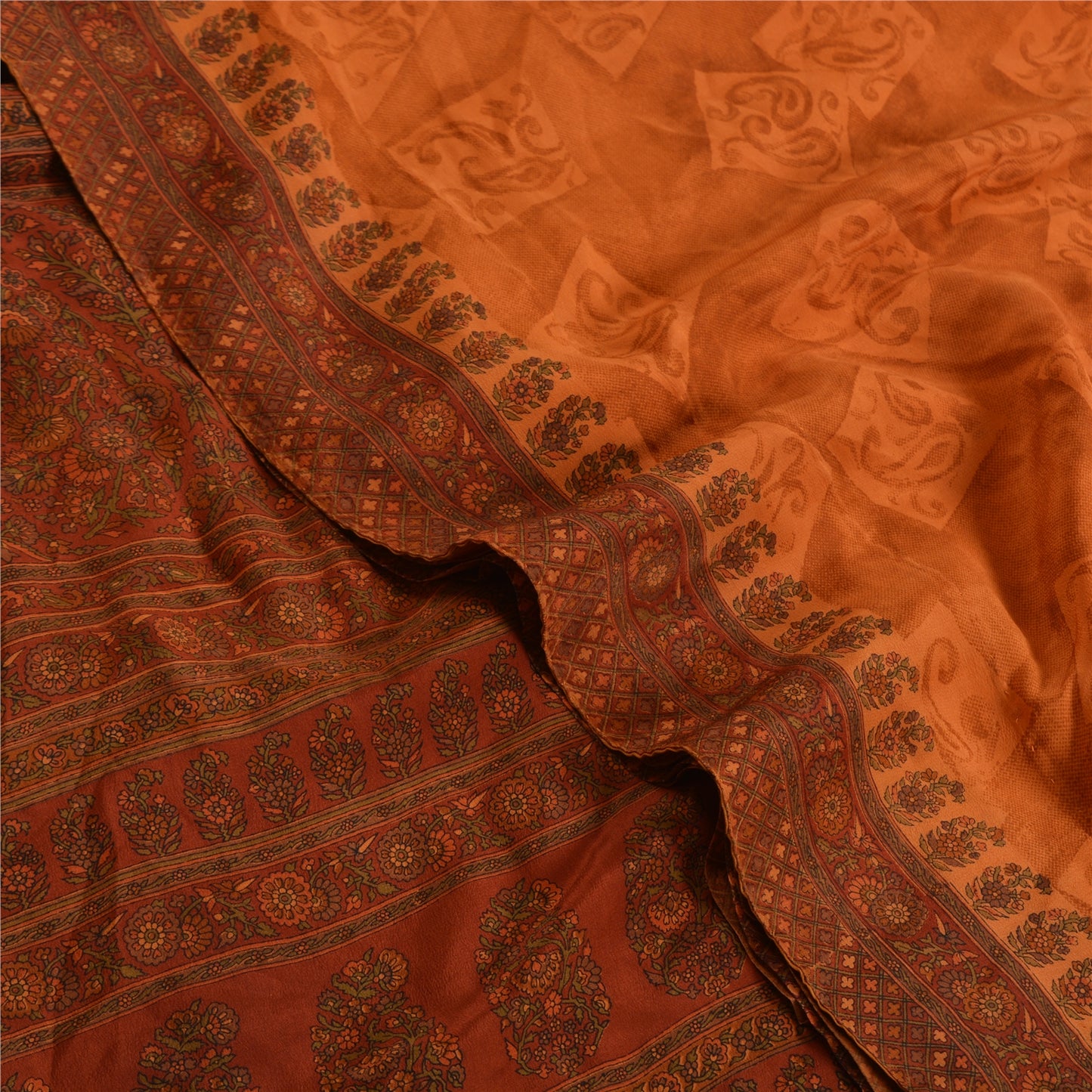 Sanskriti Vintage Sarees Saffron/Orange Pure Crepe Silk Print Sari Craft Sustainable Fabric