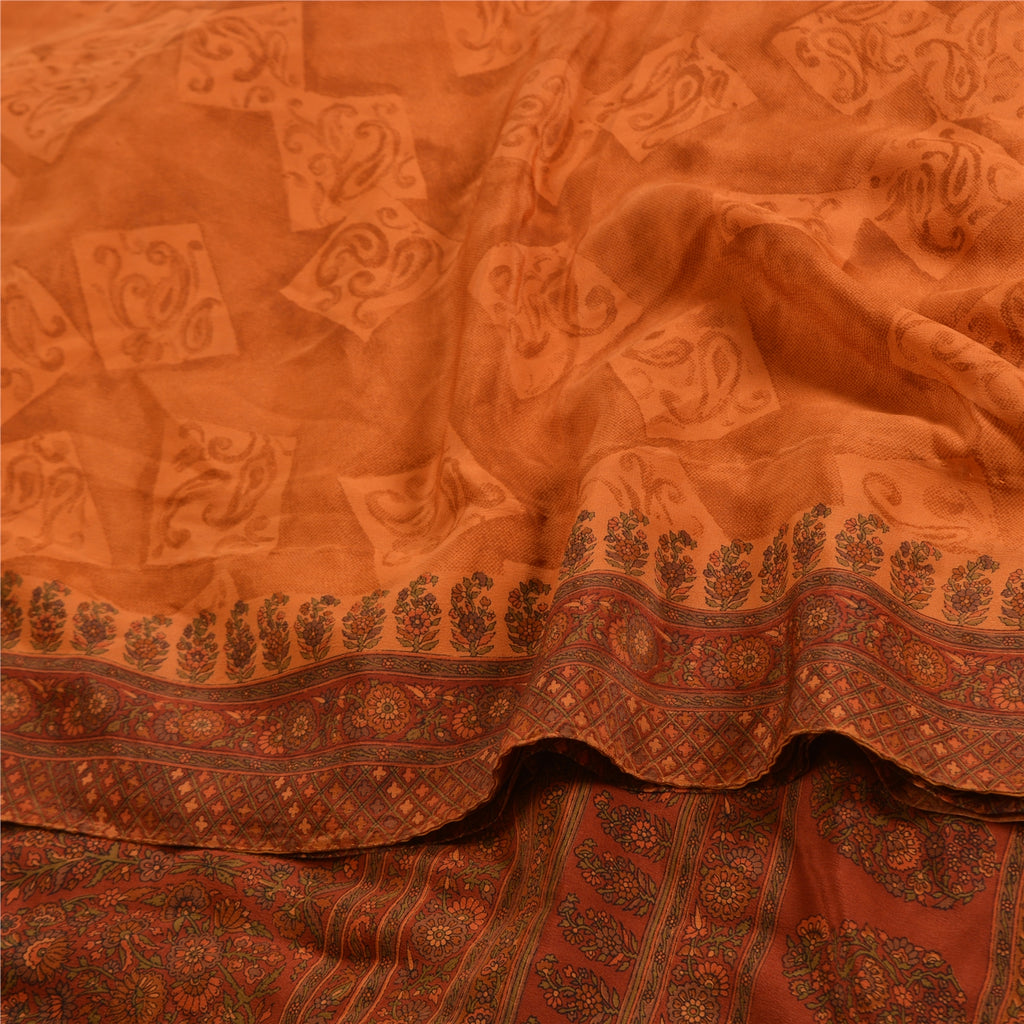 Sanskriti Vintage Sarees Saffron/Orange Pure Crepe Silk Print Sari Craft Sustainable Fabric