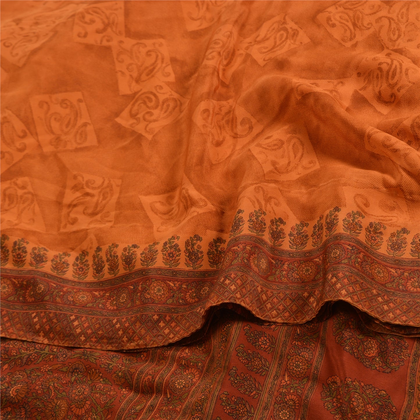 Sanskriti Vintage Sarees Saffron/Orange Pure Crepe Silk Print Sari Craft Sustainable Fabric