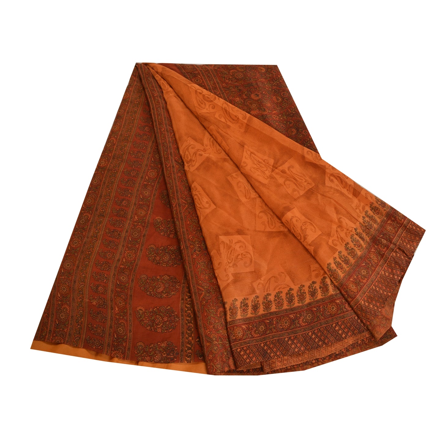 Sanskriti Vintage Sarees Saffron/Orange Pure Crepe Silk Print Sari Craft Sustainable Fabric