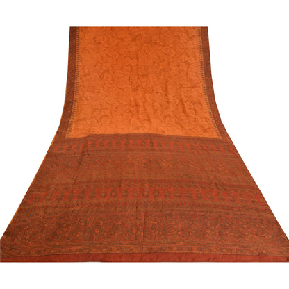Sanskriti Vintage Sarees Saffron/Orange Pure Crepe Silk Print Sari Craft Sustainable Fabric