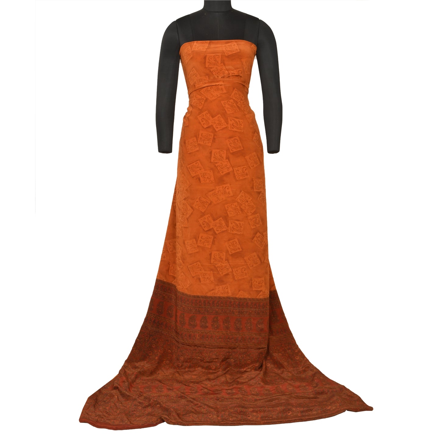 Sanskriti Vintage Sarees Saffron/Orange Pure Crepe Silk Print Sari Craft Sustainable Fabric