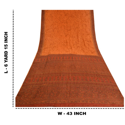 Sanskriti Vintage Sarees Saffron/Orange Pure Crepe Silk Print Sari Craft Sustainable Fabric